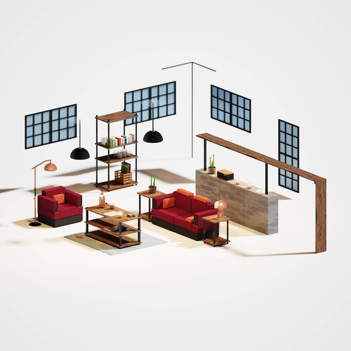 Cozy living room — voxel artwork by Jérémy Gautrais