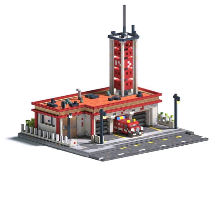 Small fire station — voxel artwork by Jérémy Gautrais