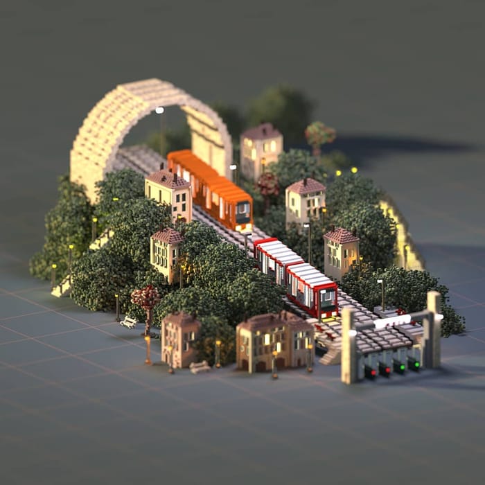 Farewell orange funicular — voxel artwork by Jérémy Gautrais