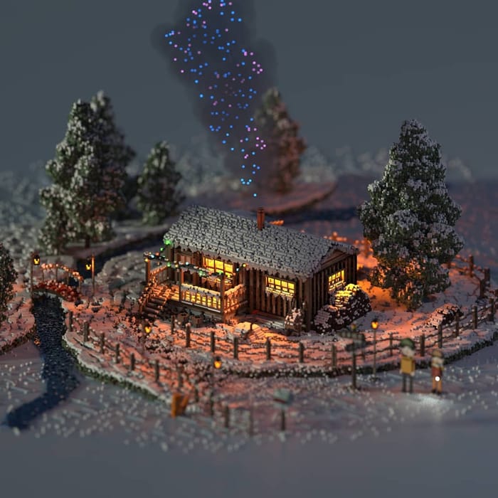 Christmas cabin — voxel artwork by Jérémy Gautrais
